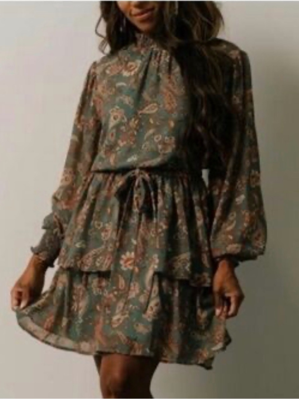 Baltic Born Olive Green Paisley Tiered Long-Sleeve Dress